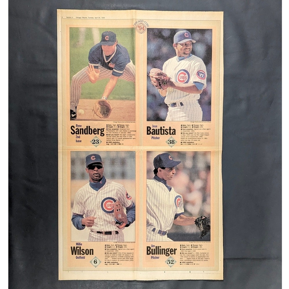 Vintage 1994 Chicago Tribune Cubs Ryne Sandberg Jose Bautista Sports Page
